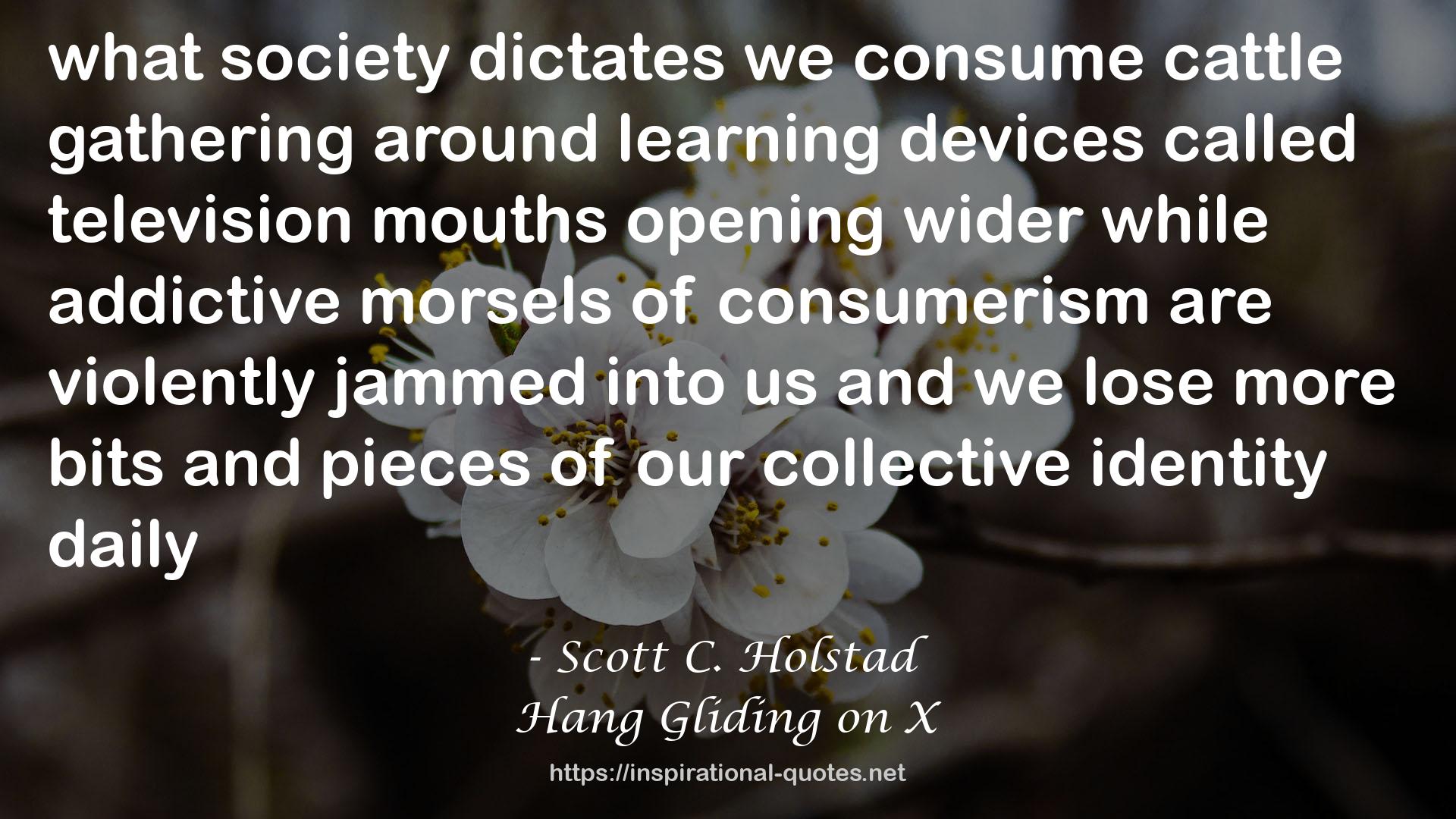 Scott C. Holstad quote : what society dictates<br />we consume<br />cattle gathering around<br />learning devices called<br />television<br />mouths opening wider<br />while addictive morsels<br />of consumerism are<br />violently jammed into<br />us<br />and we lose more<br />bits and pieces<br />of our collective identity<br />daily
