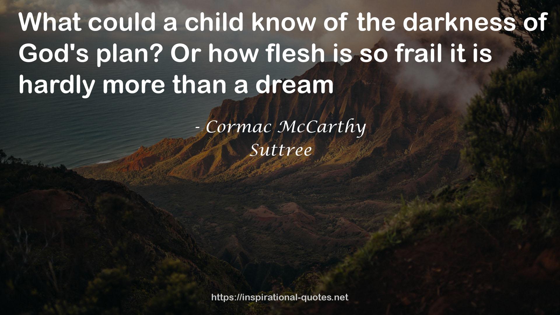 Cormac McCarthy quote : What could a child know of the darkness of God's plan? Or how flesh is so frail it is hardly more than a dream