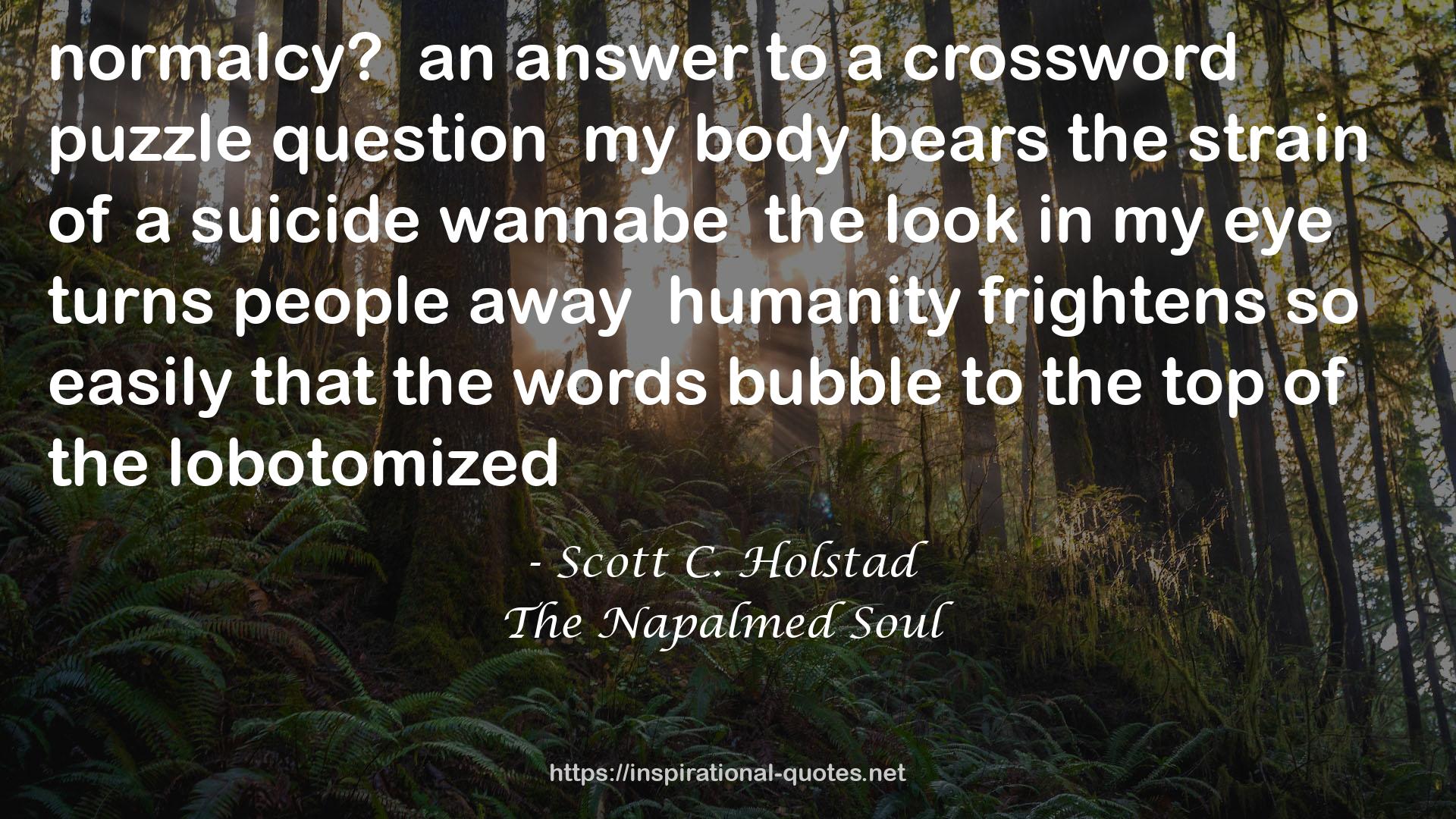 Scott C. Holstad quote : normalcy?<br /><br />an answer to a crossword puzzle question<br /><br />my body bears the strain of a suicide wannabe<br /><br />the look in my eye turns people away<br /><br />humanity frightens so easily that the words bubble to the top of the lobotomized